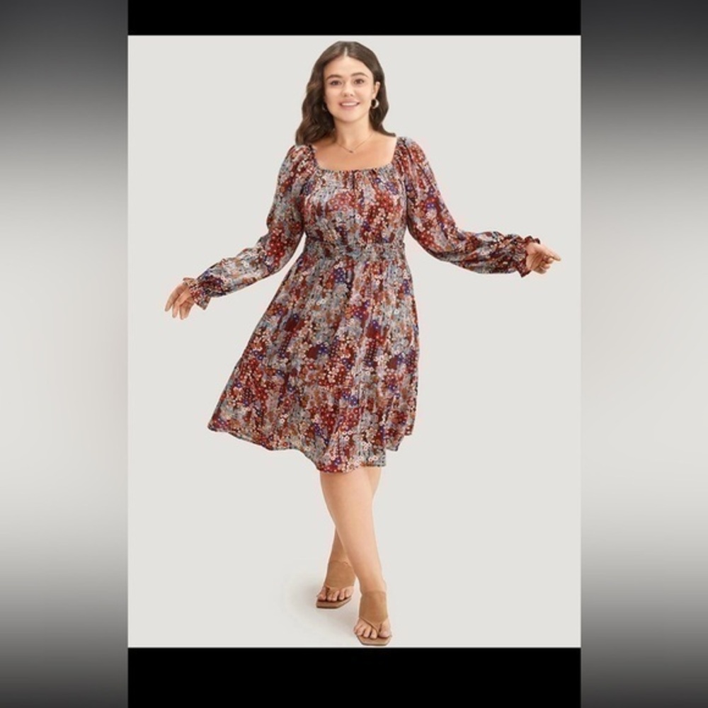 BloomChic Floral Print Shirred Square Neck Ruffle  pull over dress 14/16